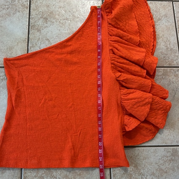 NWT By Anthropologie One Shoulder Ruffle Top Orange in Sz L - Picture 6 of 10